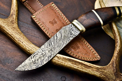HS-328 | Custom Handmade Damascus Steel Hunitng/Bowie Knife - Wood + Brass Handle