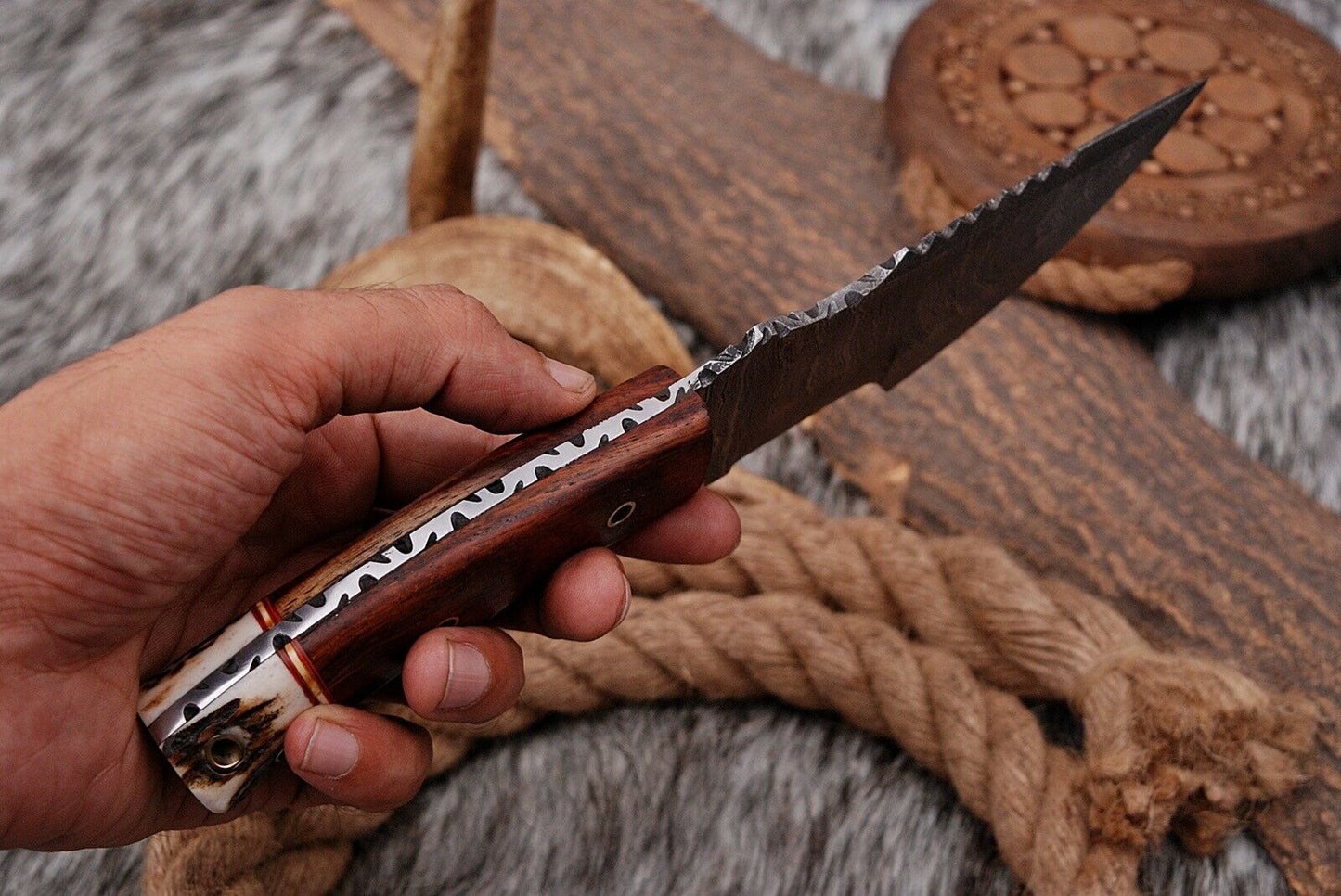HS-942 Custom Handmade Damascus Hunting Tracker Knife With Stag+Wood Handle