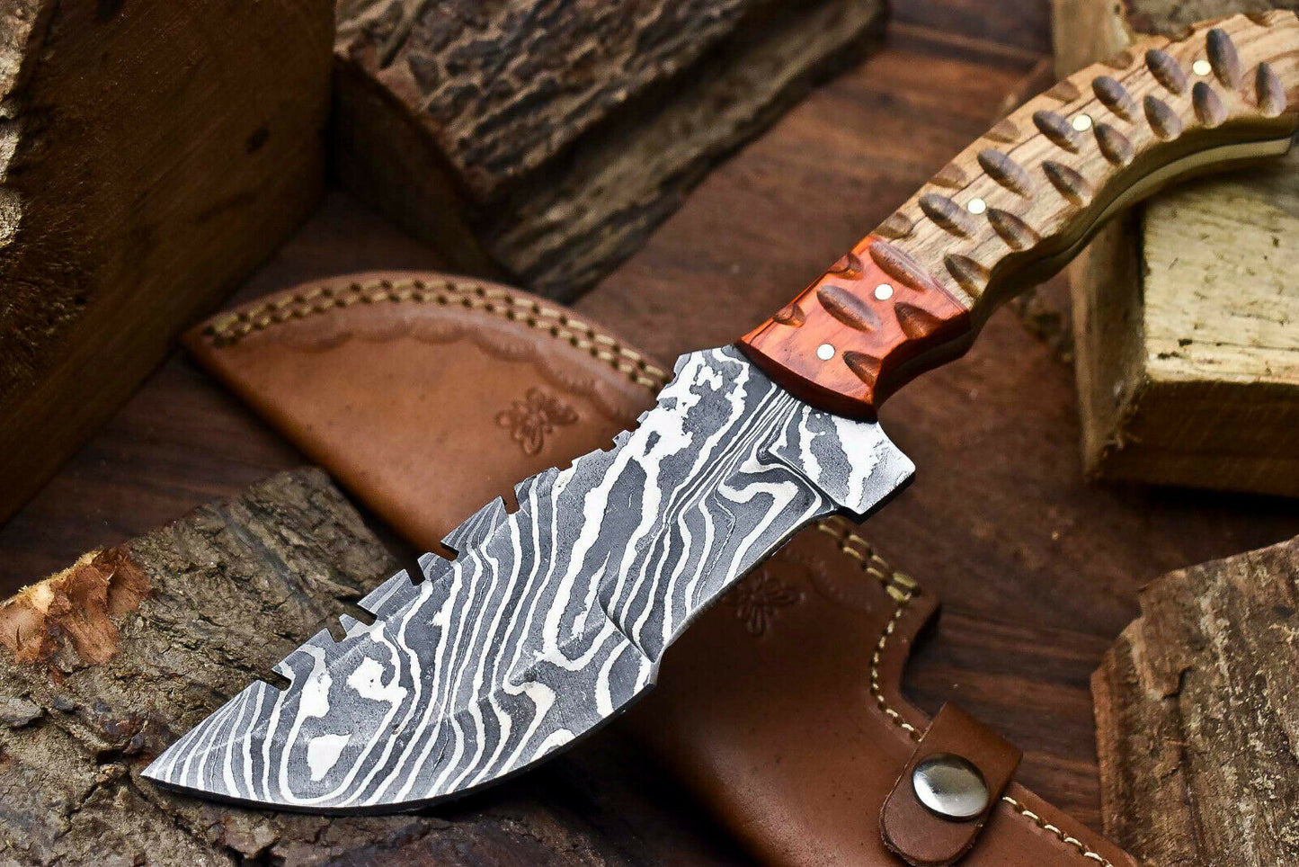 HS-919 Custom Handmade Damascus Hunting Blade Hunter Camping Tracker Full Tang Knife
