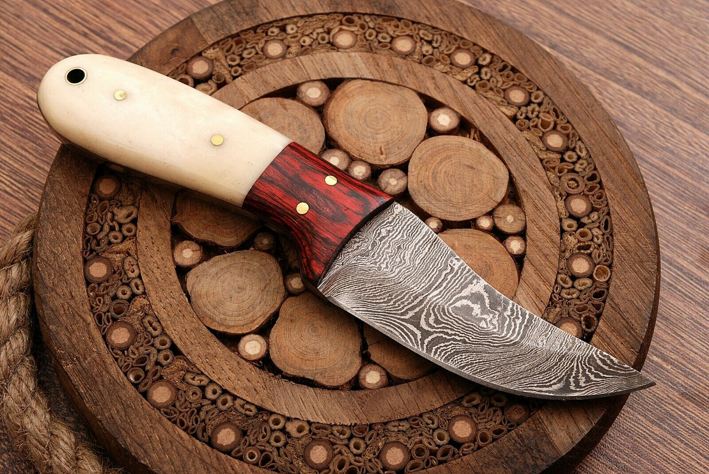 HS-758 Custom Handmade Damascus Steel Skinner Knife 6.0 inch Overall And Camel Bone+Hard Wood Handle