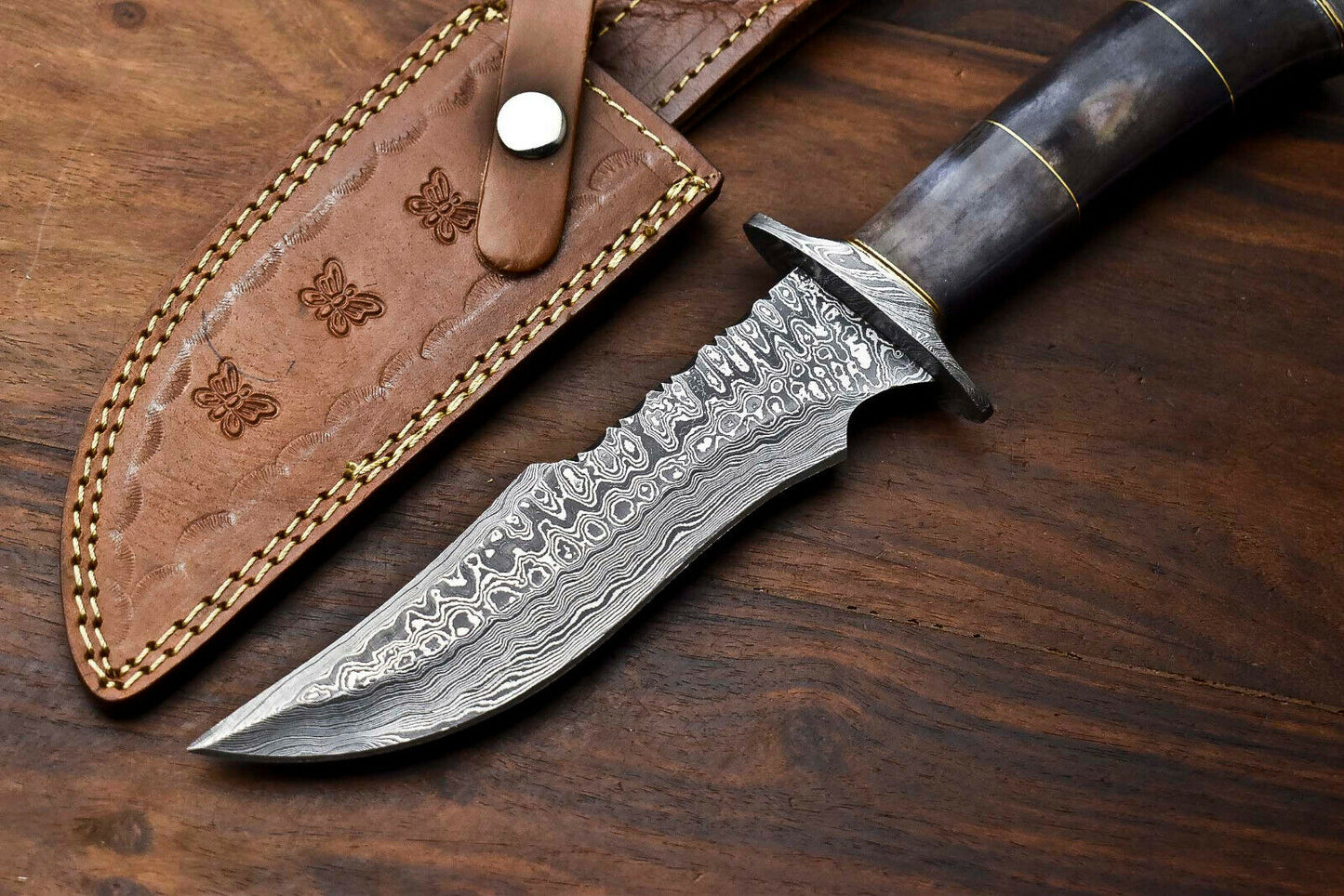 HS-412 | Custom Handmade Damascus Steel Hunting Knife - Buffalo Horn Handle