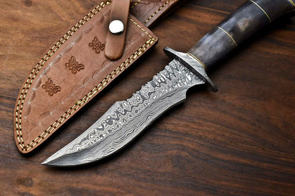 HS-412 | Custom Handmade Damascus Steel Hunting Knife - Buffalo Horn Handle