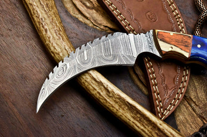 HS-908 Custom Handmade Damascus Steel Karambit Knife - Beautiful Micarta Wood Handle