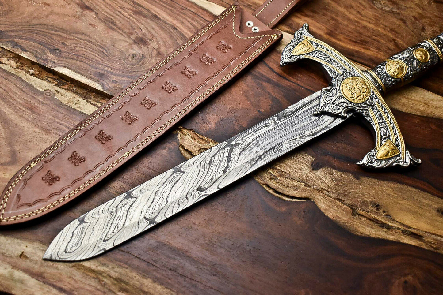 HS-1095 | 24.0" HUGE Custom Hand Made Damascus Steel Blade Dagger Sword | Pewter Handle