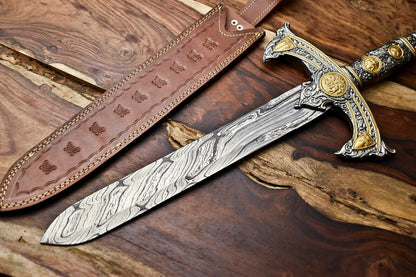 HS-1095 | 24.0" HUGE Custom Hand Made Damascus Steel Blade Dagger Sword | Pewter Handle