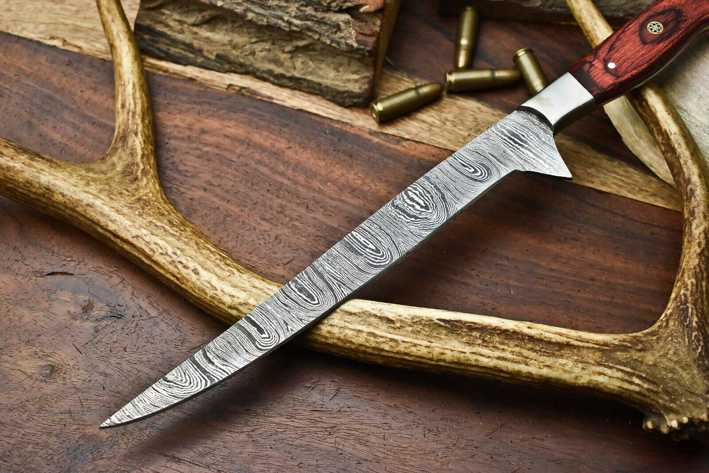 HS-264 Hand Made Damascus Steel Blade Fish Fillet Knife Full Tang Knife | HARD WOOD