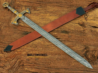 HS-1093 | Fully Handmade Damascus Steel Viking Medieval Sword, Customized leather Cover Gift for husband