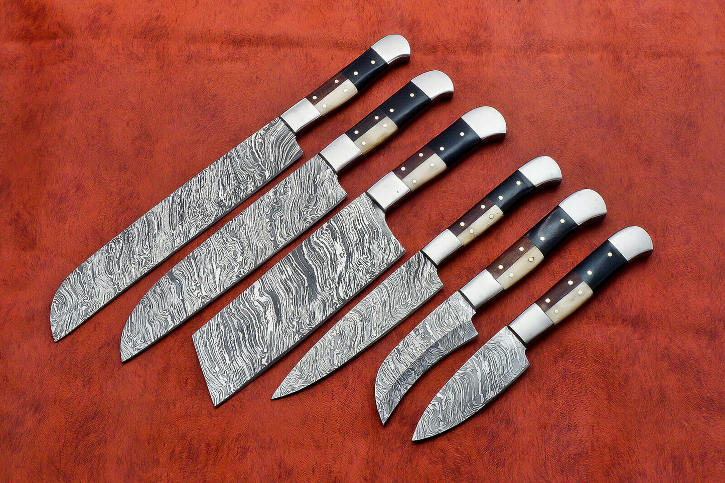 HS-143 Custom Handmade Damascus Steel 6 Piece Chef Set with Wood/Bone/Horn Handle