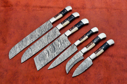 HS-143 Custom Handmade Damascus Steel 6 Piece Chef Set with Wood/Bone/Horn Handle