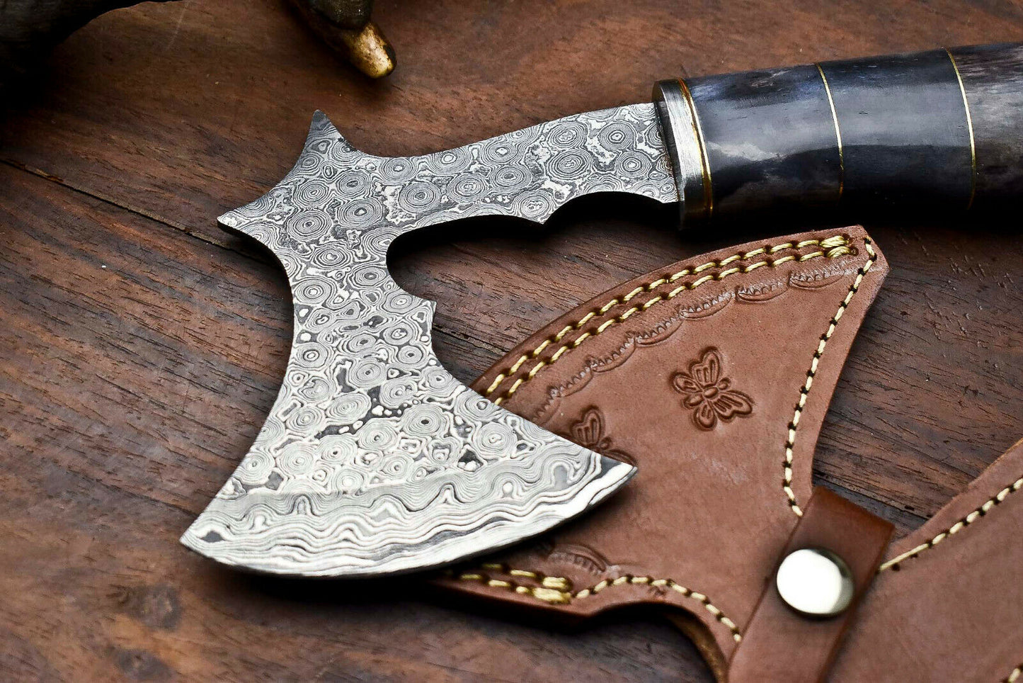 HS-1058 | Custom Hand Made Damascus Blade Hunting Hatchet Mini Viking Axe | Camel Bone