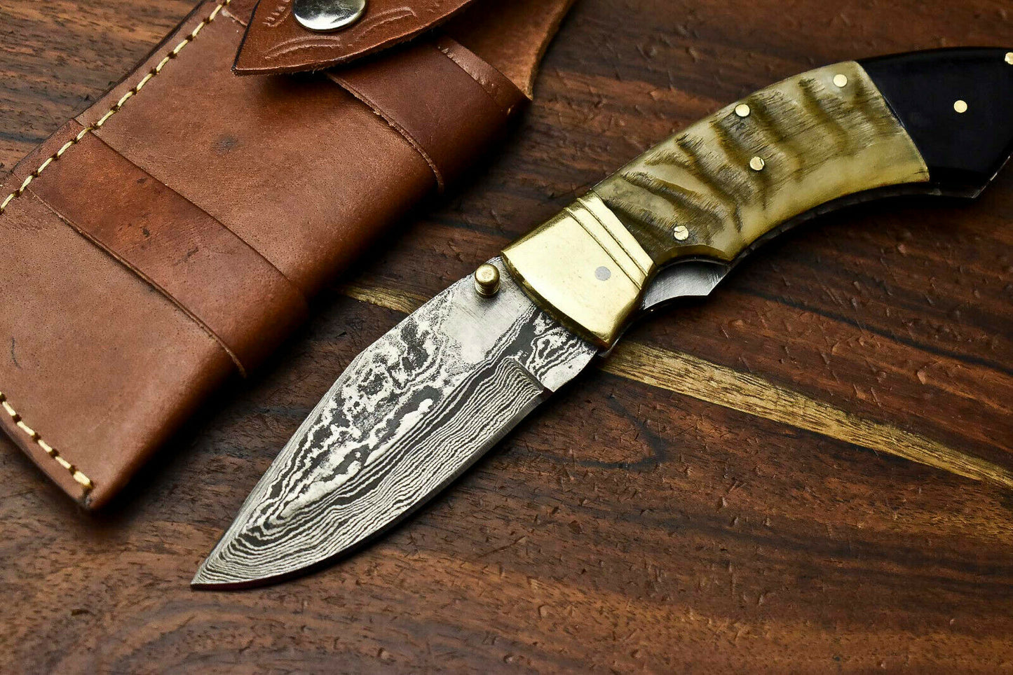 HS-1138 Custom Handmade Damascus Steel Blade Liner-Lock Pocket Folding Knife| RAM'S HORN