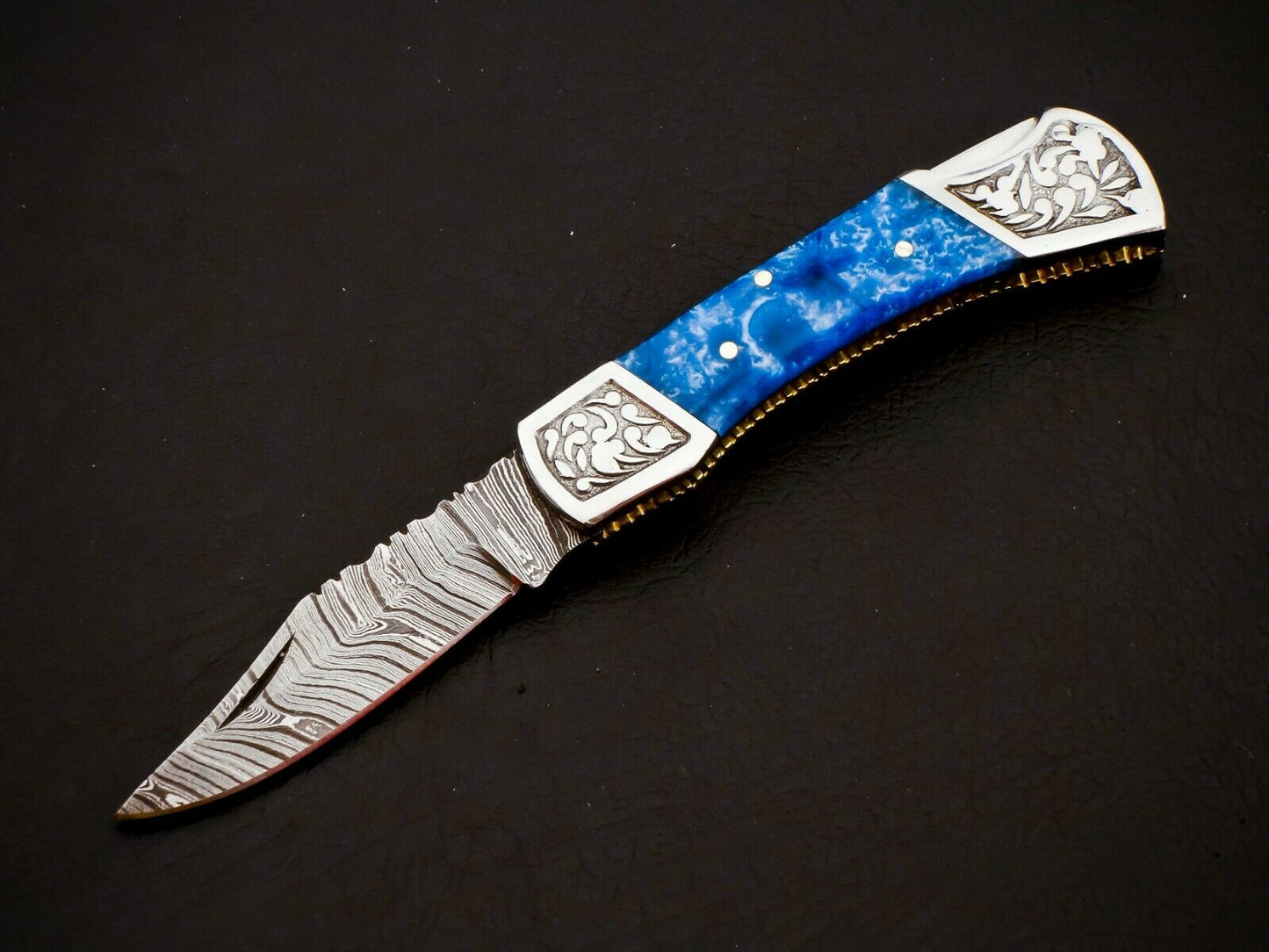 Damascus Steel Back Lock Folding Knife – Resin Handle | HS-1111