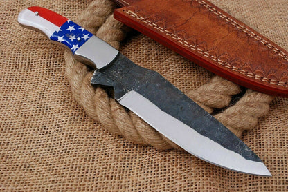 HS-464 10'' Custom Handmade Railroad Steel Hunting Knife With Flag Resin Handle