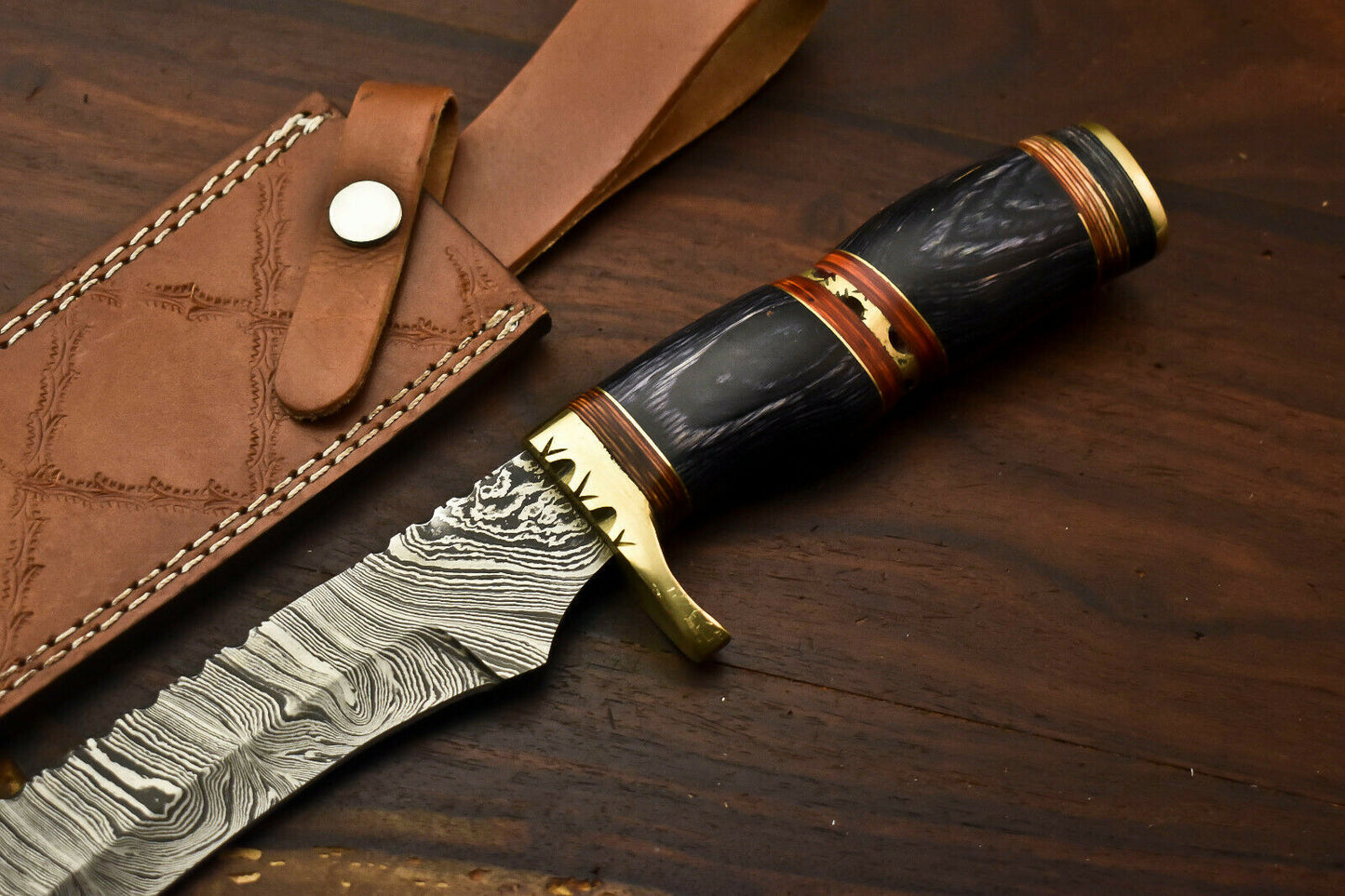 HS-333 | Custom Handmade Damascus Steel Bowie / Hunting Knife - Hard Wood Handle