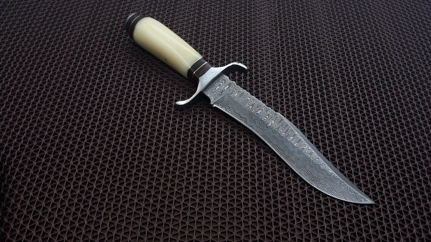 HS-466 Custom Handmade Damascus Steel Hunting Knife 12 inch Overall And Camel Bone Handle