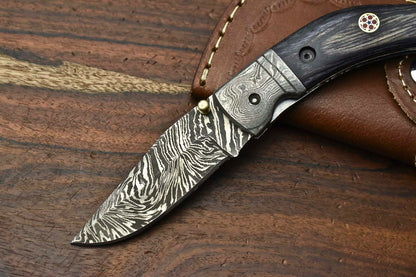 HS-1134 Custom Handmade Damascus Steel Blade Liner-Lock Pocket Folding Knife| HARD WOOD