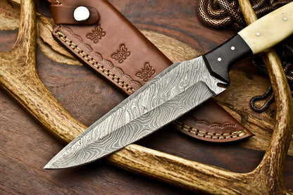 HS-403 | Custom Handmade Awesome Camel Bone/Black Sheet Handle Damascus Steel Hunting Knife - Great Price
