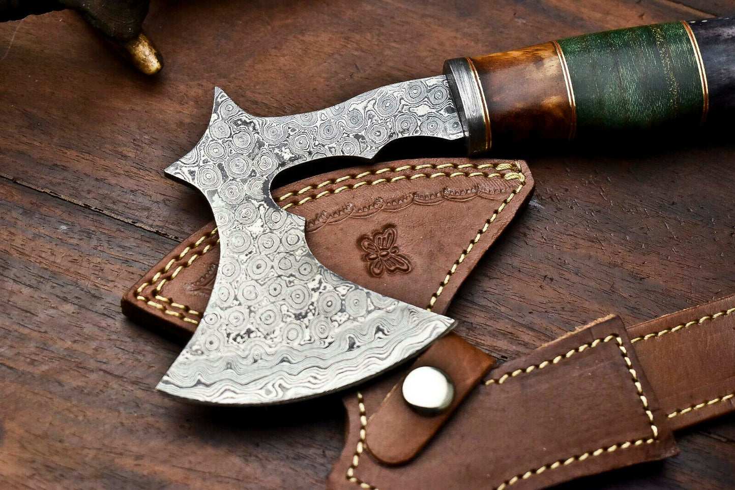 HS-1056 | Custom Hand Made Damascus Blade Hunting Hatchet Mini Viking Axe | Camel Bone & Wood