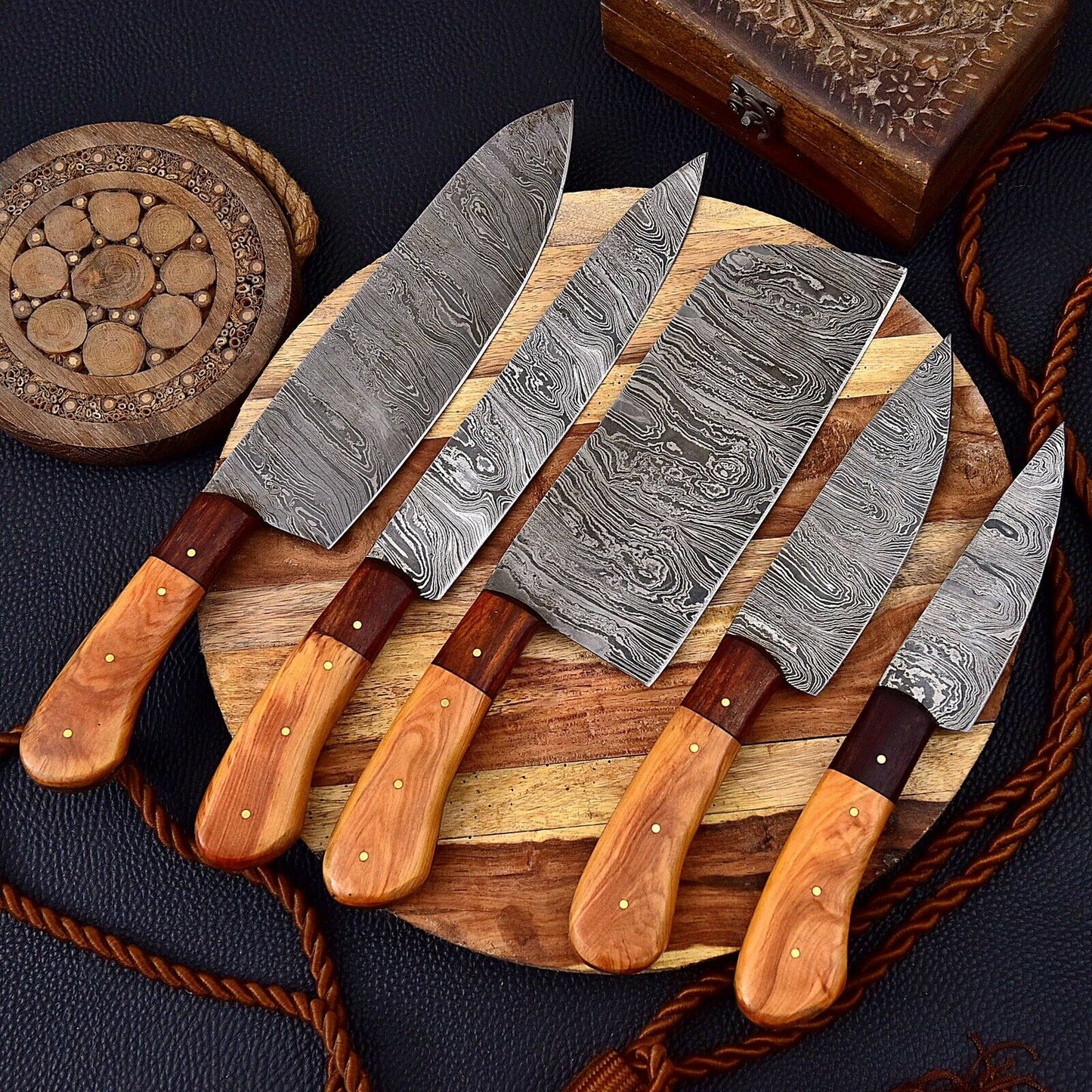HS-149 Custom Handmade HAND FORGED DAMASCUS STEEL CHEF KNIFE Set Kitchen Knives
