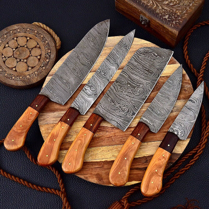 HS-149 Custom Handmade HAND FORGED DAMASCUS STEEL CHEF KNIFE Set Kitchen Knives