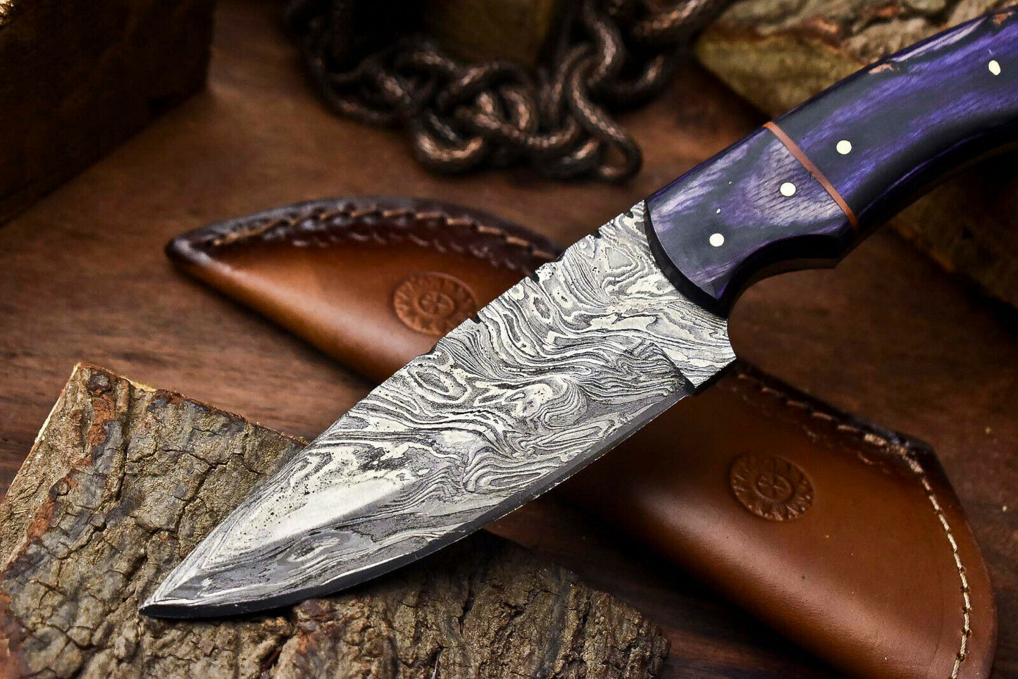 HS-704 Custom Handmade Damascus Steel Skinner Knife - Beautiful Wood Handle