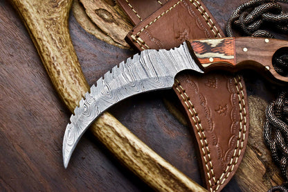 HS-906 Custom Handmade Damascus Steel Karambit Knife - Beautiful Hard Wood Handle