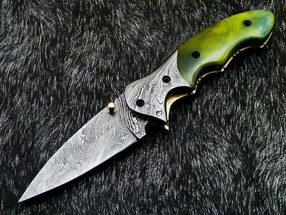 Damascus Liner Lock Folding Knife – Camel Bone Handle | HS-1121