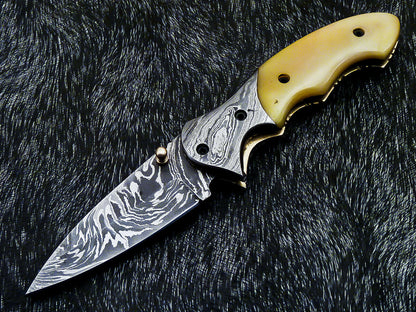 Damascus Liner Lock Folding Knife – Camel Bone | Twist Blade | HS-1124