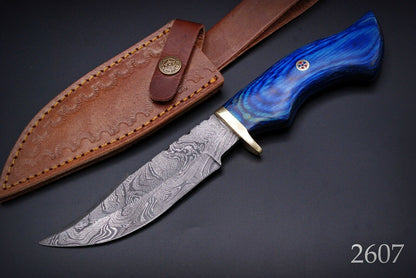 HS-445 | Ten Inch Custom Handmade Damascus Steel Hunting knife - Blue Wood Handle