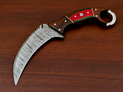 HS-888 HANDMADE DAMASCUS CUSTOM ROSE/PAKKA WOOD KARAMBIT HUNTING KNIFE