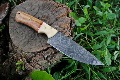 HS-360 '' Hand Forged Damascus Steel Fix Blade Hunting Knife 186 With Leather Sheath