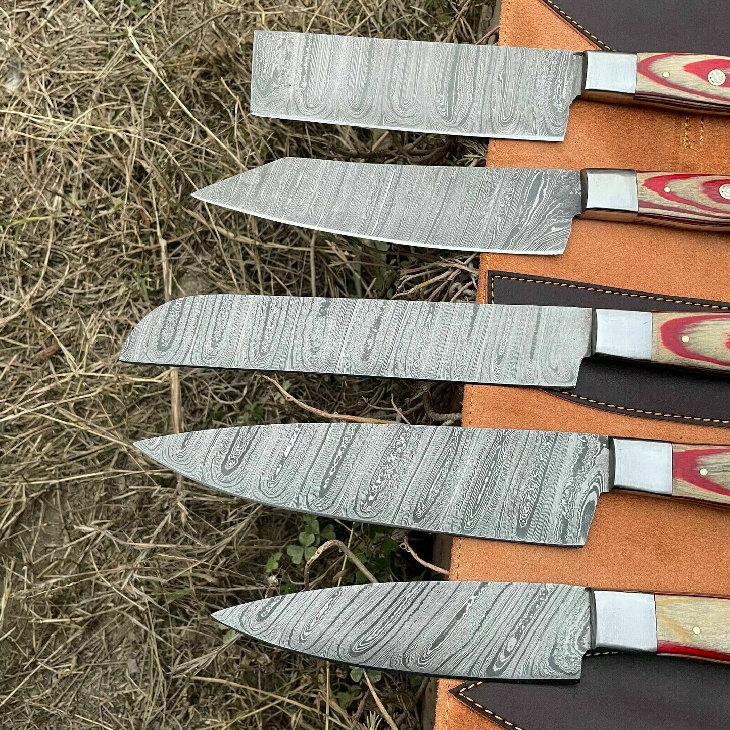 HS-129 '' Hand Forged Damascus Steel Hunting Chef Kitchen Knife Set W/ Sheath
