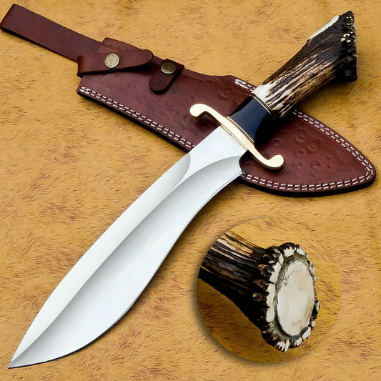 Knife with deer antler handle and leather sheath on a wooden surface