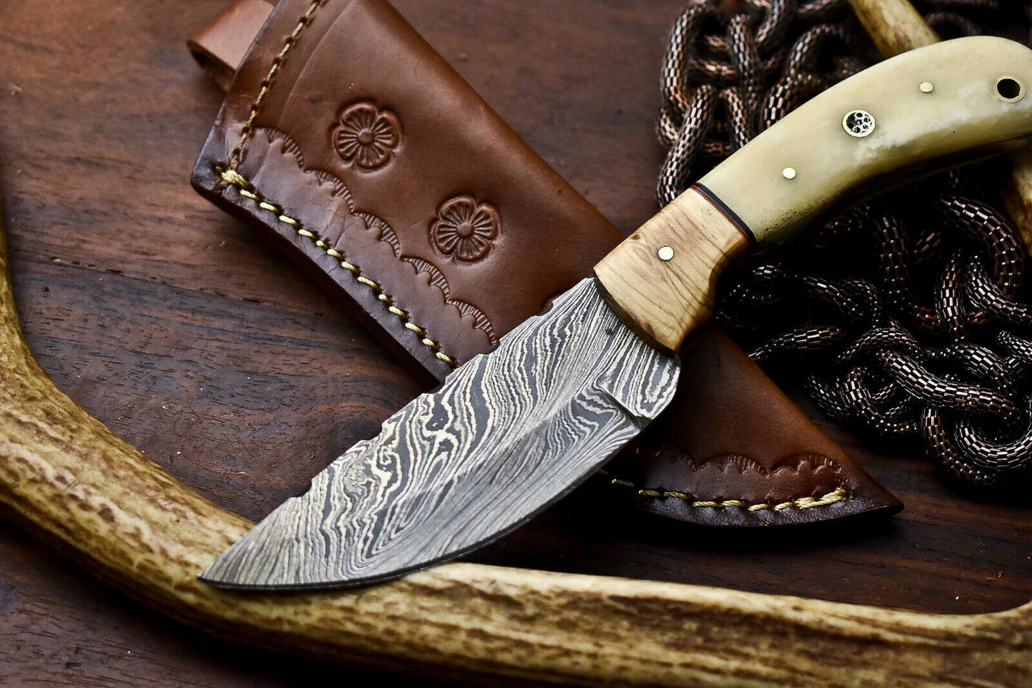 HS-720  Custom Handmade Camel Bone & Wood Handle Damascus Steel Skinner Knife - Great Price