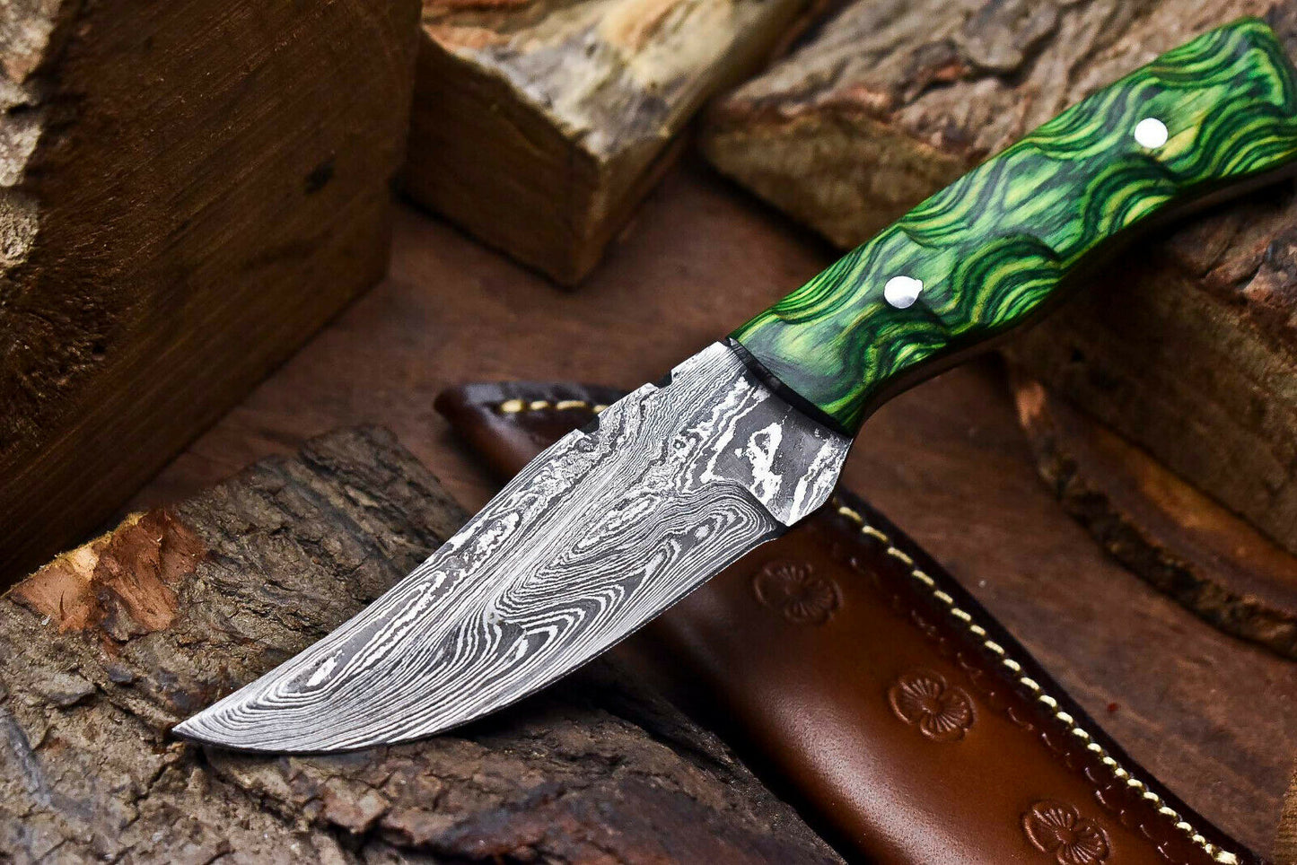 HS-705 Custom Handmade Damascus Steel Skinner Knife - Beautiful Wood Handle