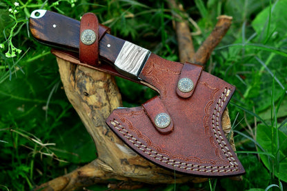 HS-1049 Damascus Viking Axe Rose wood handle with Leather sheath 9''