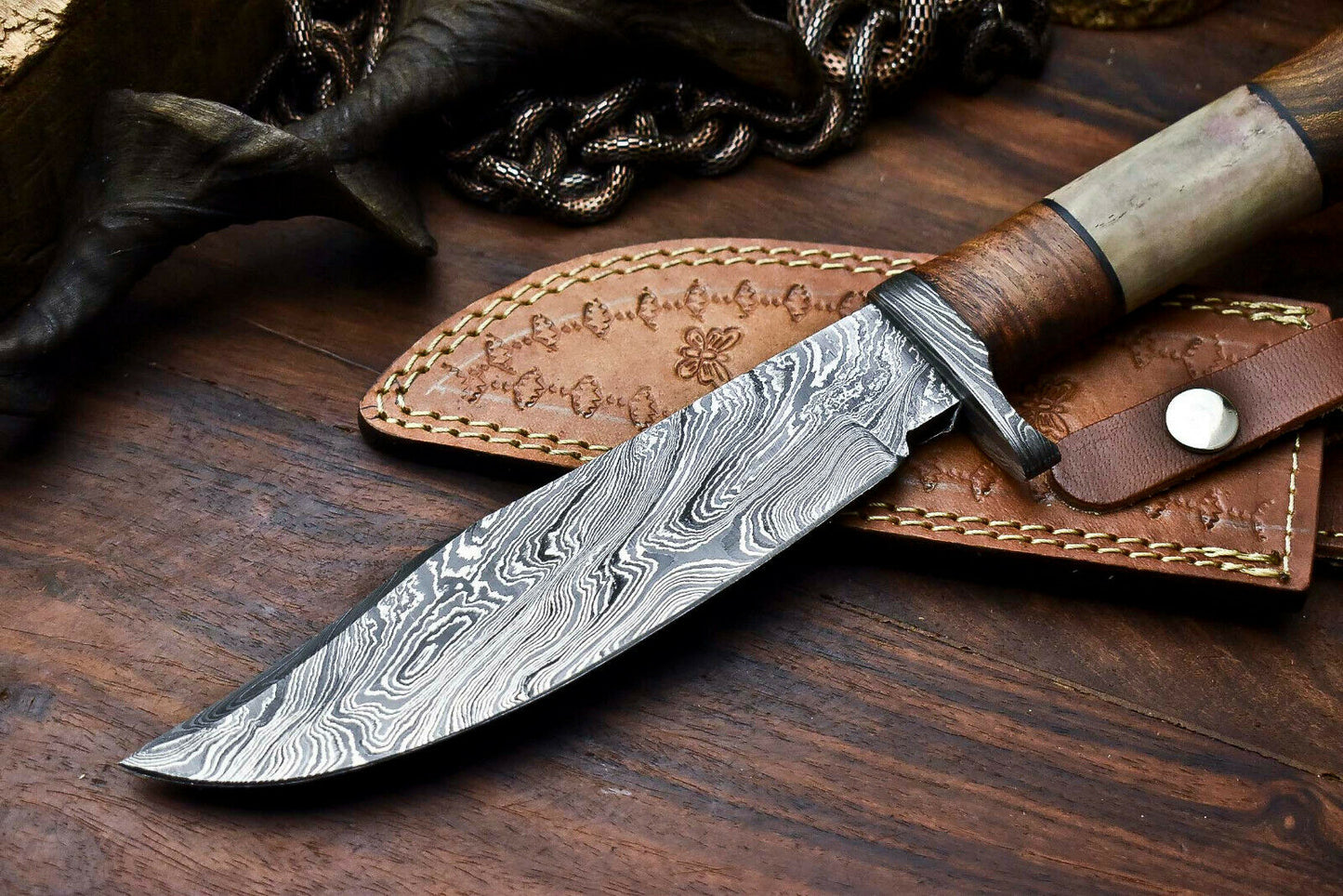 HS-327 | Custom Handmade Damascus Steel Hunitng/Bowie Knife - Wood + Bone Handle
