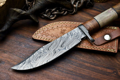 HS-327 | Custom Handmade Damascus Steel Hunitng/Bowie Knife - Wood + Bone Handle