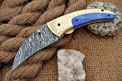 Custom Handmade Damascus Folding-Pocket Knife With Blue Colour Bone+Engraved Handle
