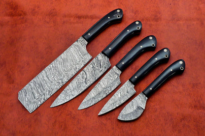 Hs-139 Custom Handmade Damascus Steel 5 Piece Chef Set with Buffalo Horn Handle
