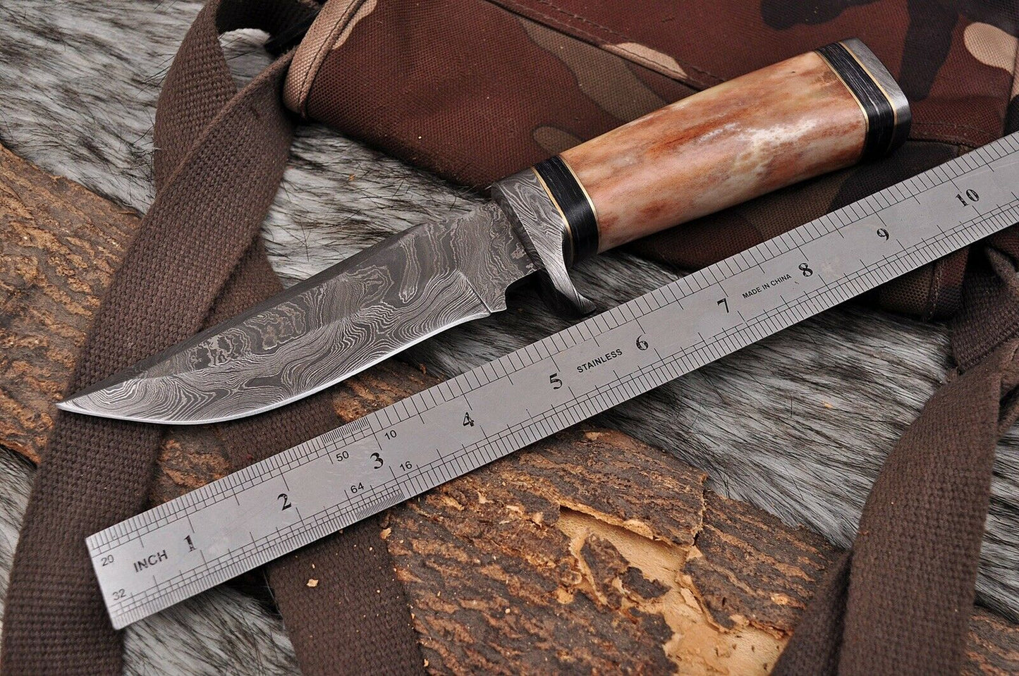 HS-493 Custom Handmade Damascus Hunting Knife With Beautiful Camel Bone Handle