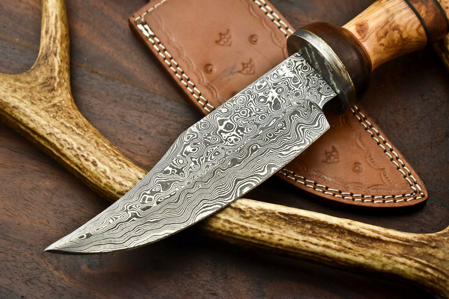 HS-401 | Custom Handmade Damascus Steel Camping Hunting Knife - Beautiful Olive Wood Handle