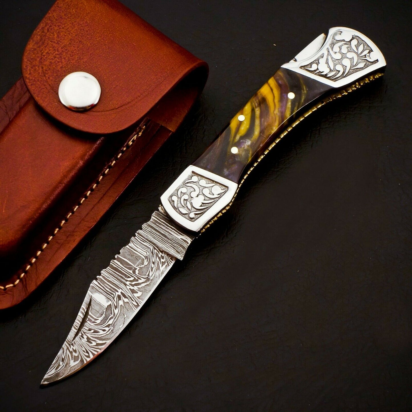 HS-1108 Custom Hand Forged Damascus Steel Back Lock Resin Handle Knife