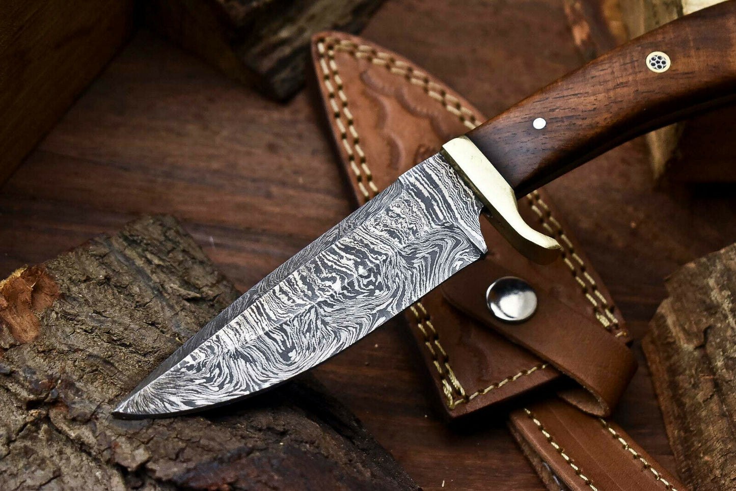 HS-400 | Custom Handmade Damascus Steel Hunting Camping Knife - Beautiful Wood Handle