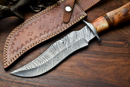HS-410 | Custom Handmade Damascus Steel Hunting Knife - Camel Bone Handle