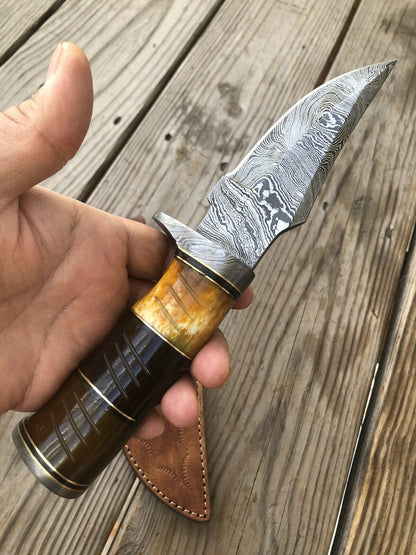 HS-460 Custom Handmade Damascus Steel Hunting Camping Best Knife - Awesome Colour Camel Bone - Very Reasonable Price