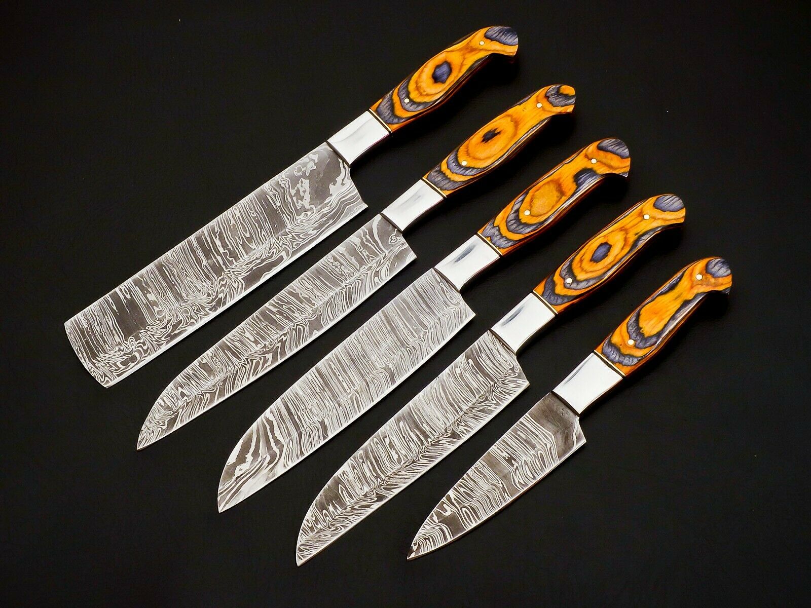 Professional Damascus chef knife set 5 pieces full view