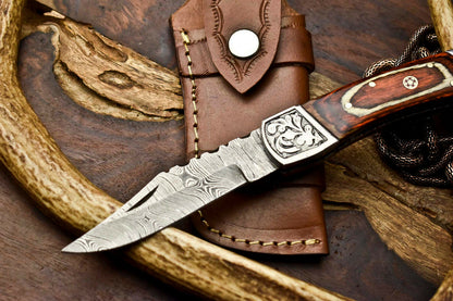 Custom Handmade Damascus Steel Pocket Folding Knife - Beautiful Hard Wood Handle