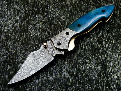 Damascus Liner Lock Pocket Knife – Camel Bone & Damascus Bolster | HS-1122