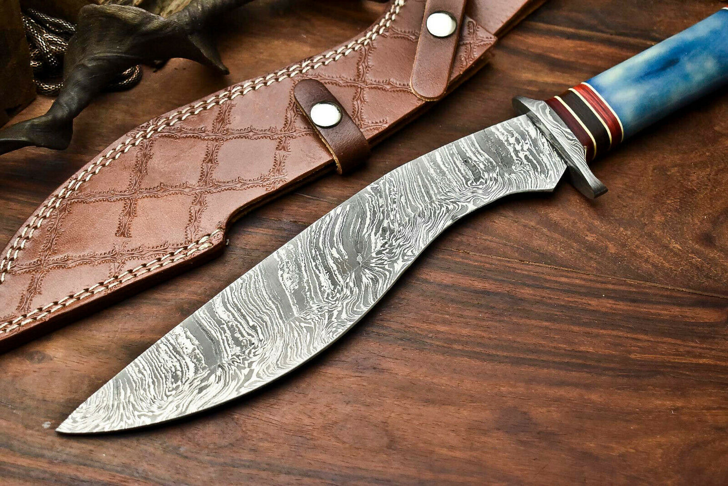 HS-864 Custom Handmade Damascus Steel Hunitng/Kukri Knife - Wood & Bone Handle